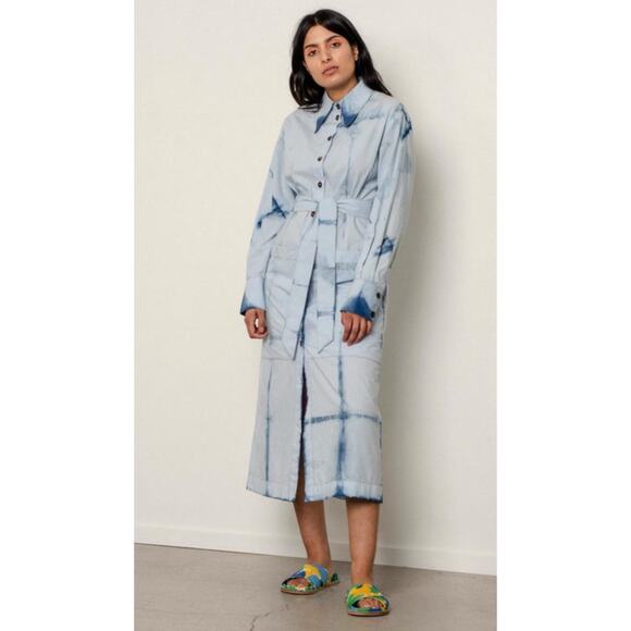Penny Sage Novella Shirt Midi Dress Long Sleeve BeltedIndigo Graph Modest Sz 6